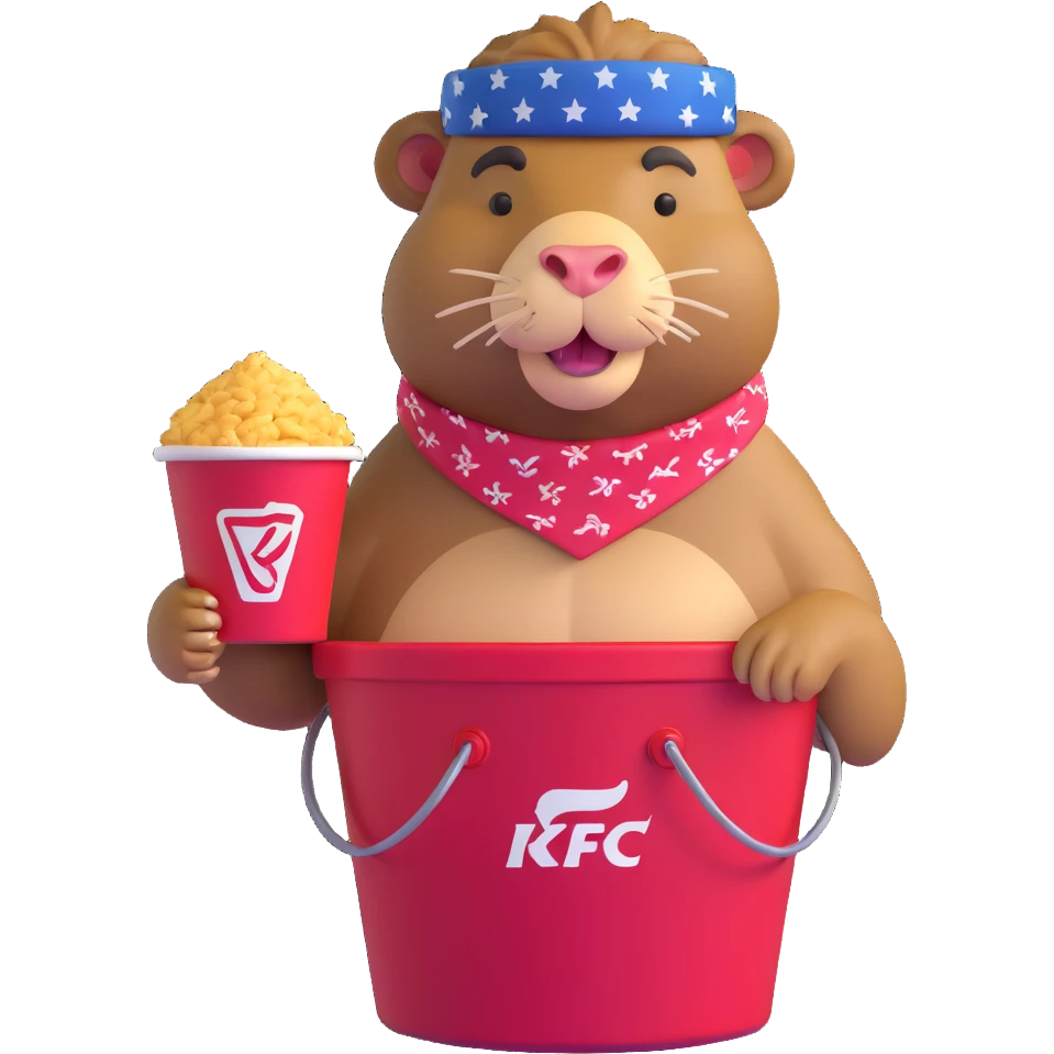 Muscular capybara with Johnny Depp features, goatee, bandana, earrings, sitting in a KFC bucket emoji