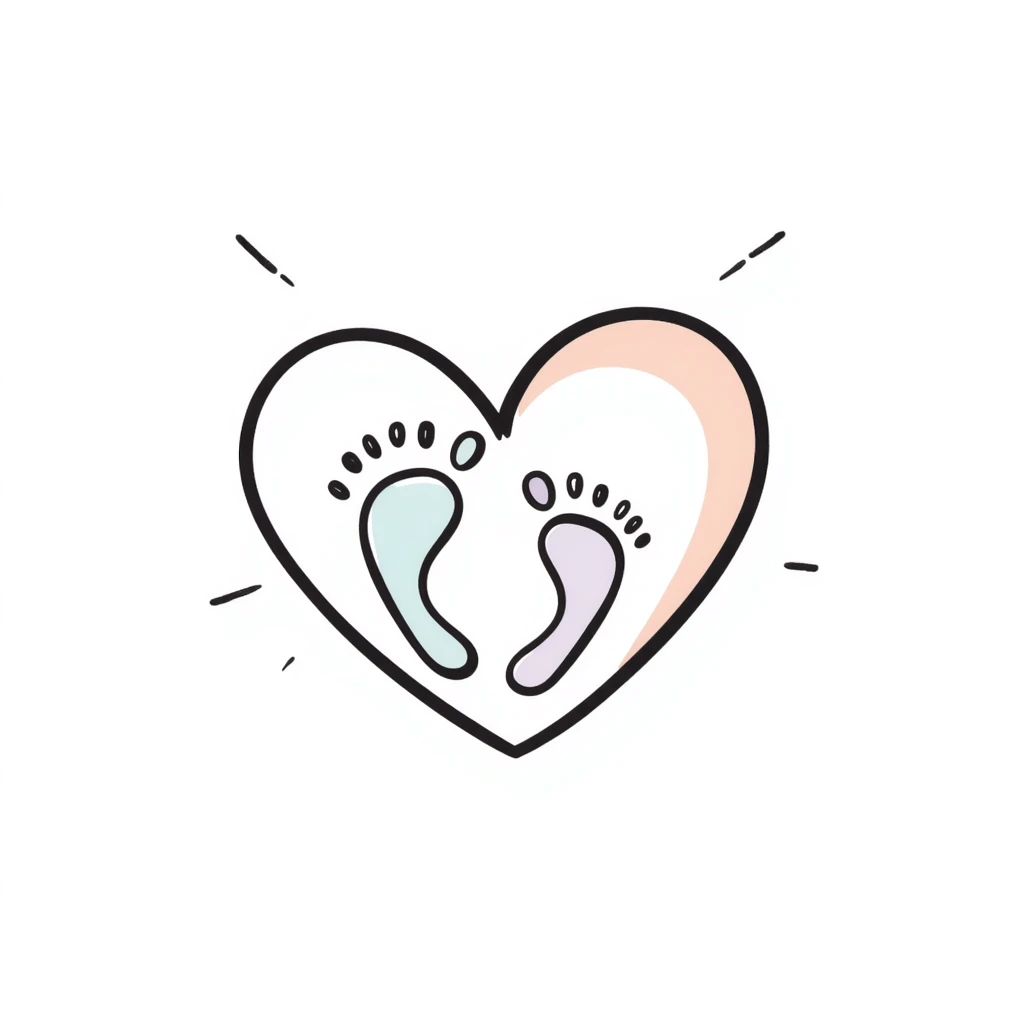 Simple, tasteful maternal symbol with a heart and tiny baby footprints. Hand-drawn doodle style using pastel colors (pink, light blue, lavender, peach). Gentle design representing motherhood and pregnancy. Sweet illustration with soft, nurturing elements. emoji