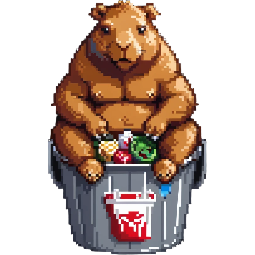 Buff capybara with huge muscles sitting in a KFC bucket emoji