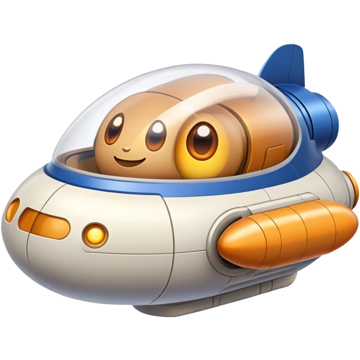 Design a simple, capsule-shaped spaceship with a smooth surface. Add a friendly 'face' on the front, using glowing lights for eyes and a curved line for a smile. Keep the design minimalistic and give it a playful personality. Use a plain background. emoji