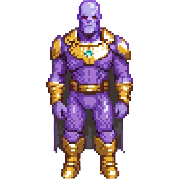 Thanos from Marvel, pixel art style, purple skin, gold armor, Infinity Gauntlet, simplified features emoji