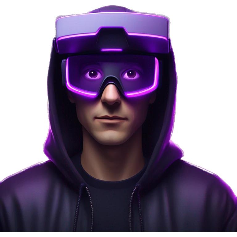 Russian man wearing a black hoodie with "OMG" letters on it and VR headset in a cyberpunk VR environment with violet neon lighting. emoji