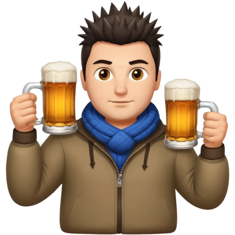 big slavic guy sitting in yoga pose, spiky short dark hair, holding beer mugs in two hands, winter dressed emoji