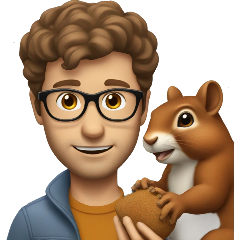 A man with brown hair, glasses and fair skin, feeds a squirrel emoji