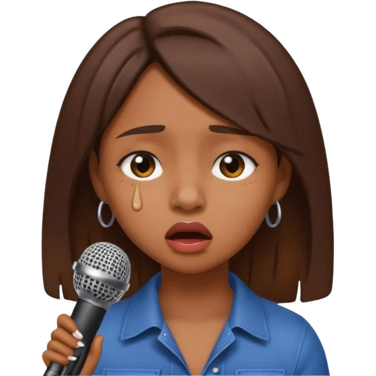 Brown skin girl singing into a microphone looking sad  emoji