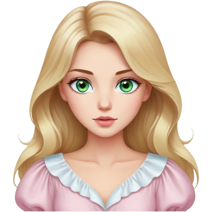 «Blonde with long hair, green-blue eyes with arrows and brown hair, nude shiny lips. She is wearing an elegant white blouse with voluminous sleeves and open collarbones. A sharp nose, a delicate pink blush and light pink shadows.» emoji