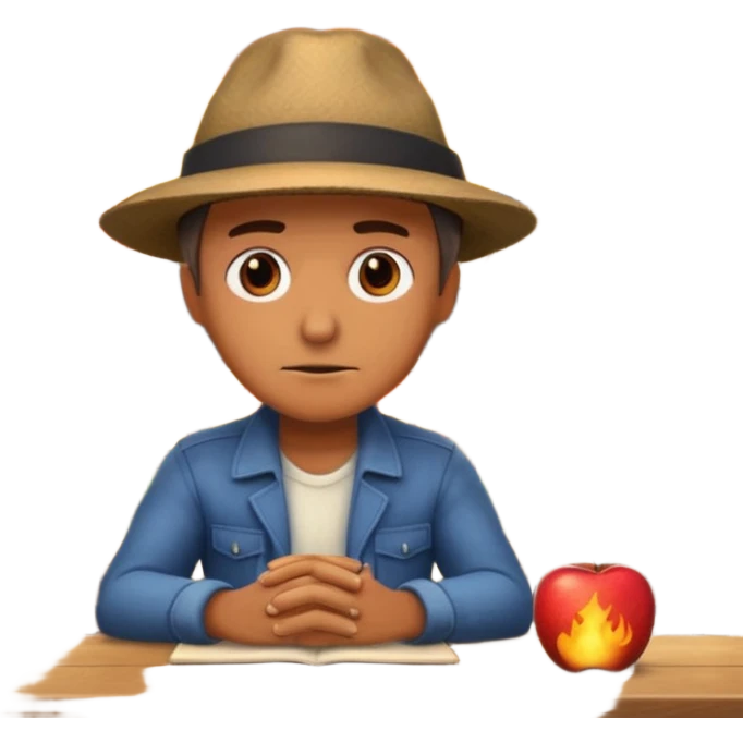 a man sits sadly at a table, a house is burning behind him, apple style emoji, with dramatic fire and smoke emoji