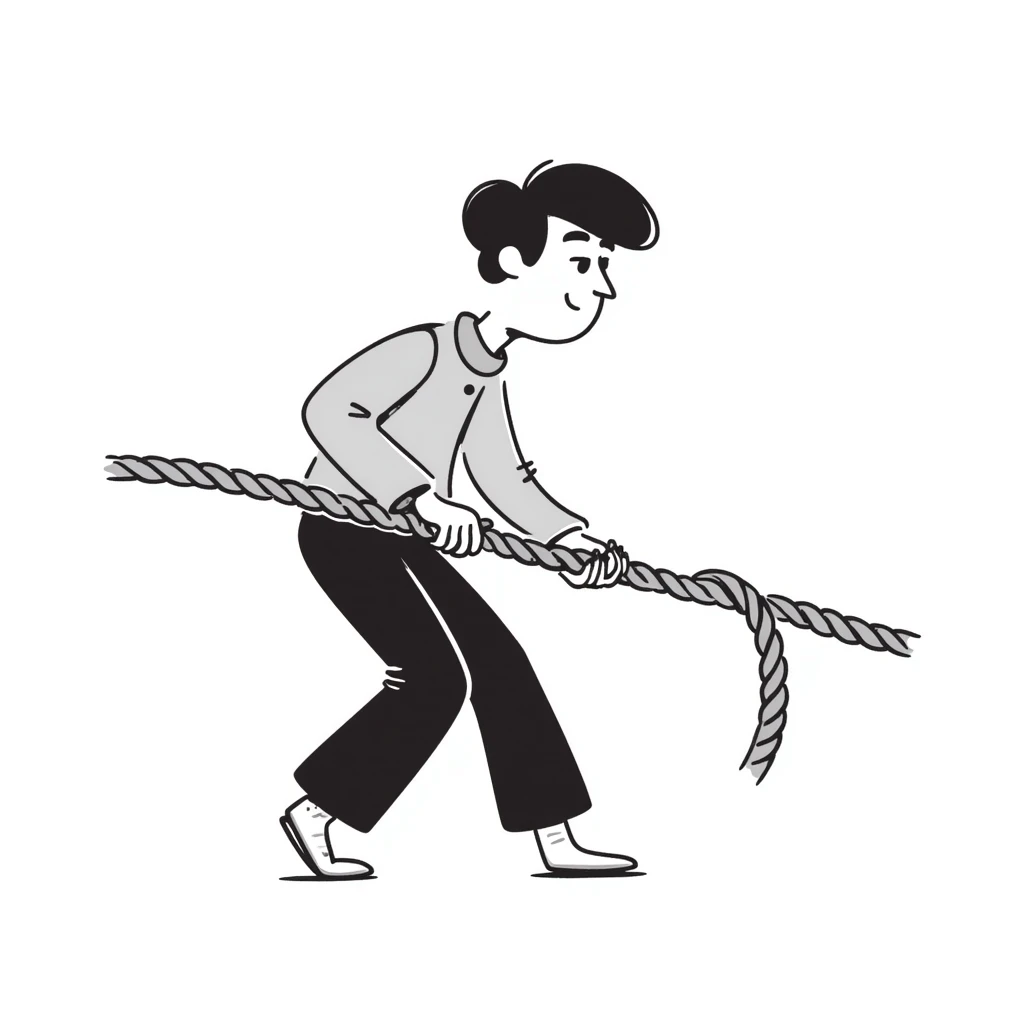 hand drawn doodle of a guy struggling to pull a rope, expressive pose, black lines, notion style, no color emoji