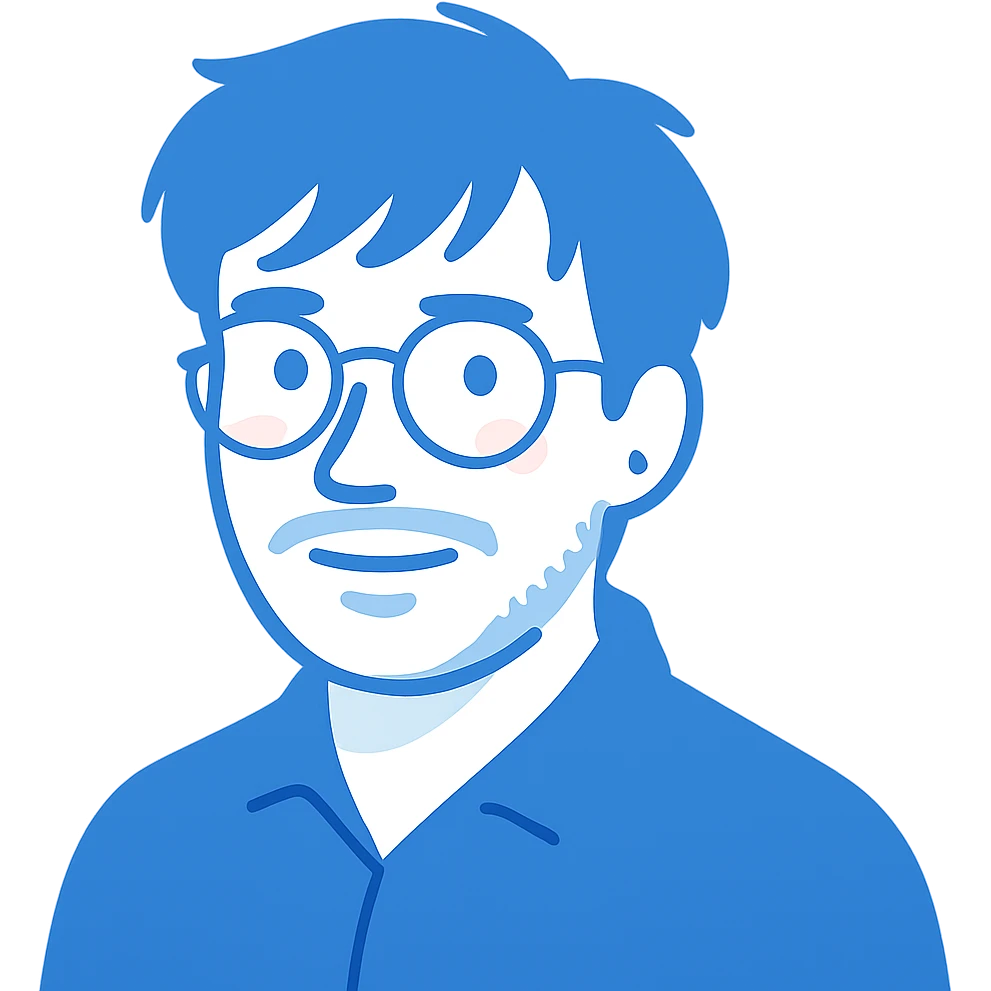 A man with round glasses, longer tousled messy hair with bangs, a naturally round face shape but slim, a broader nose, and a short beard. Use blue colors for the outlines and details instead of black. emoji