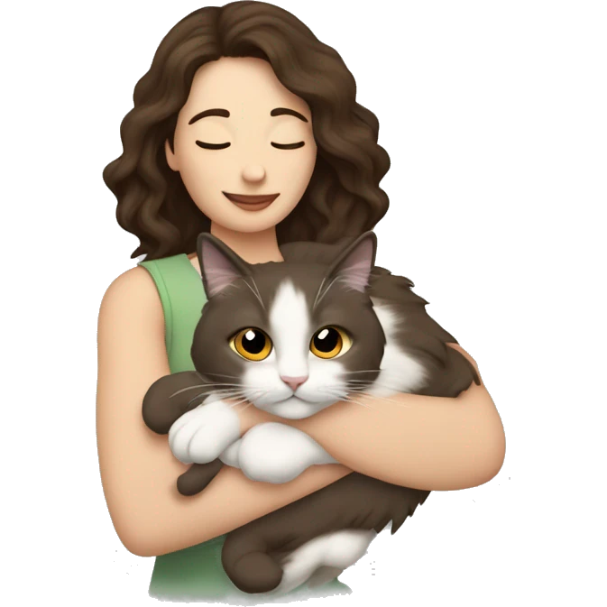 Brunette woman snuggling ragdoll cat emoji