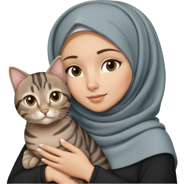 White girl wearing hijab holding a black grey tabby cat emoji