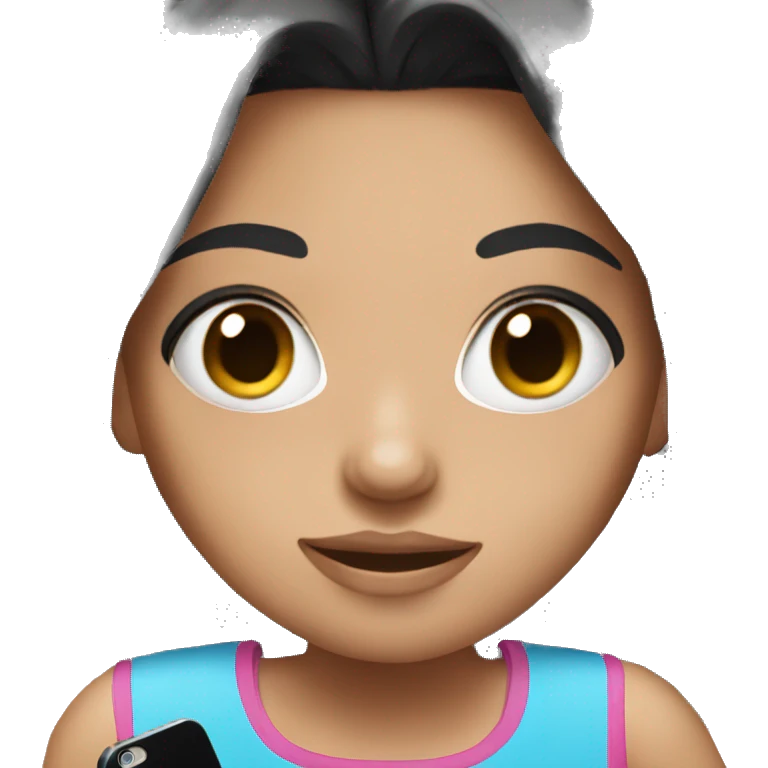 girl wearing a pink top holding a phone, with blue eyes and black hair emoji