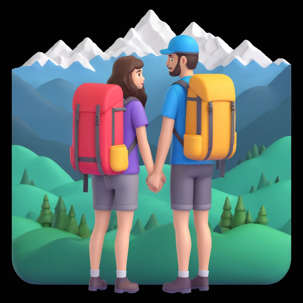 back packer couple posing, mountains in background,   close up pose emoji