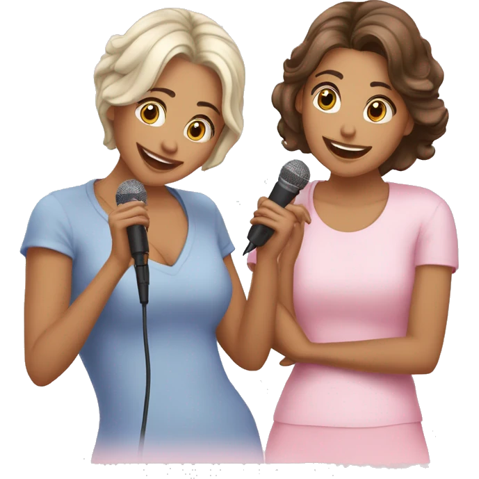duas amigas de mãos dadas falando no microfone emoji