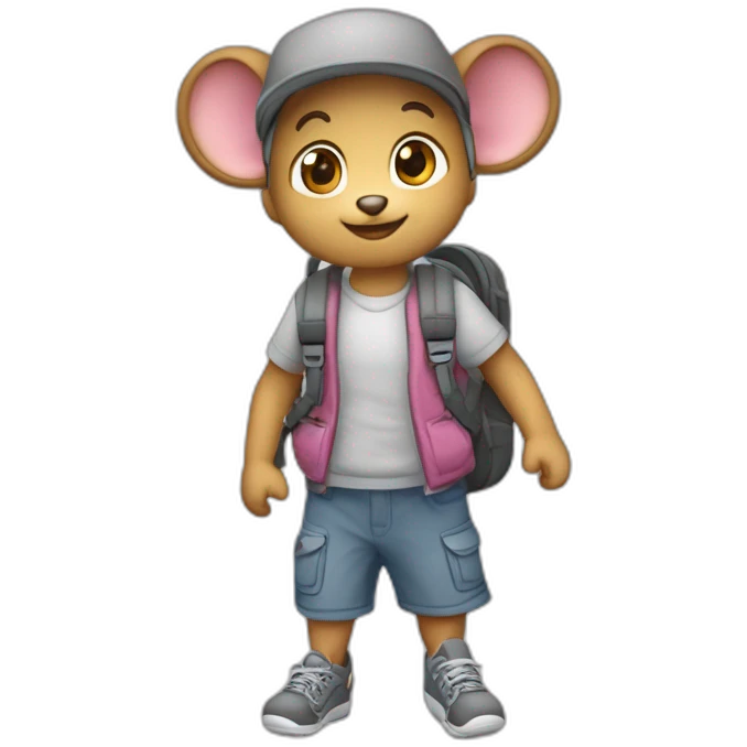 Raton estilo animado, de color gris, paras y brazos largos, nariz rosada pequeña y abdomen blanco, caracterizado como un estudianre preescolar, con mochila y tomado de la mano de su mamá  emoji