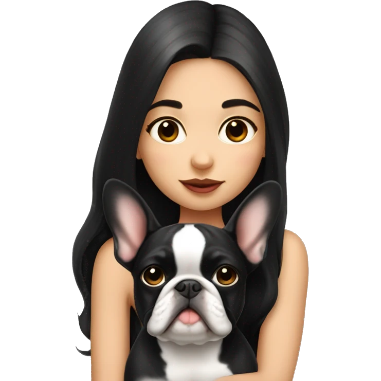 Girl with dark long hair kissing French bulldog  emoji