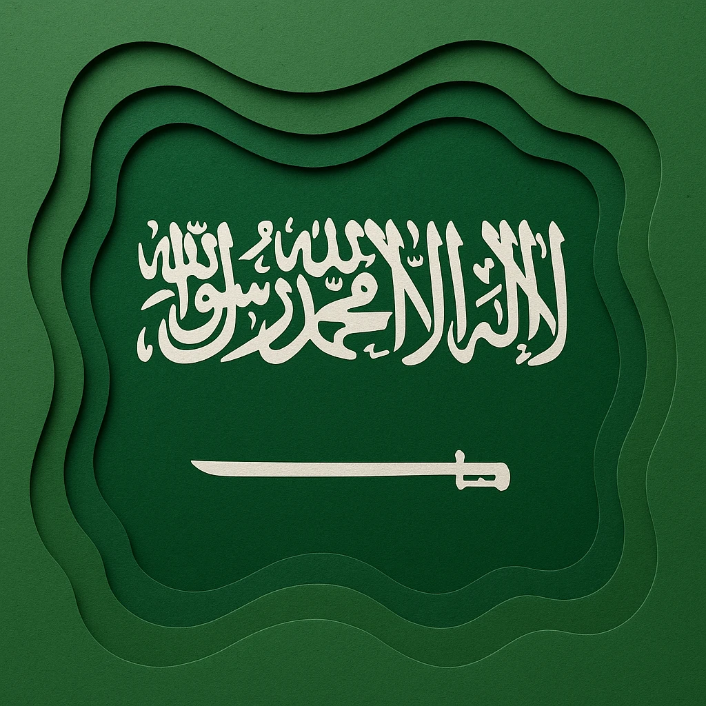 paper craft style layered paper effect Saudi Arabia flag with green background and white details emoji
