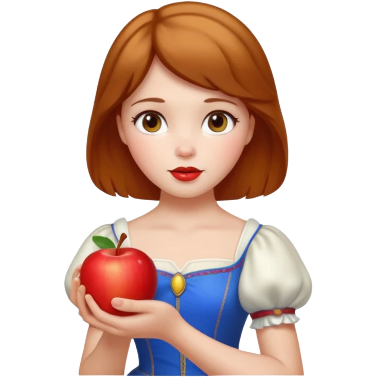 Create an emoji of Snow White holding a red apple, with short golden-brown hair. emoji
