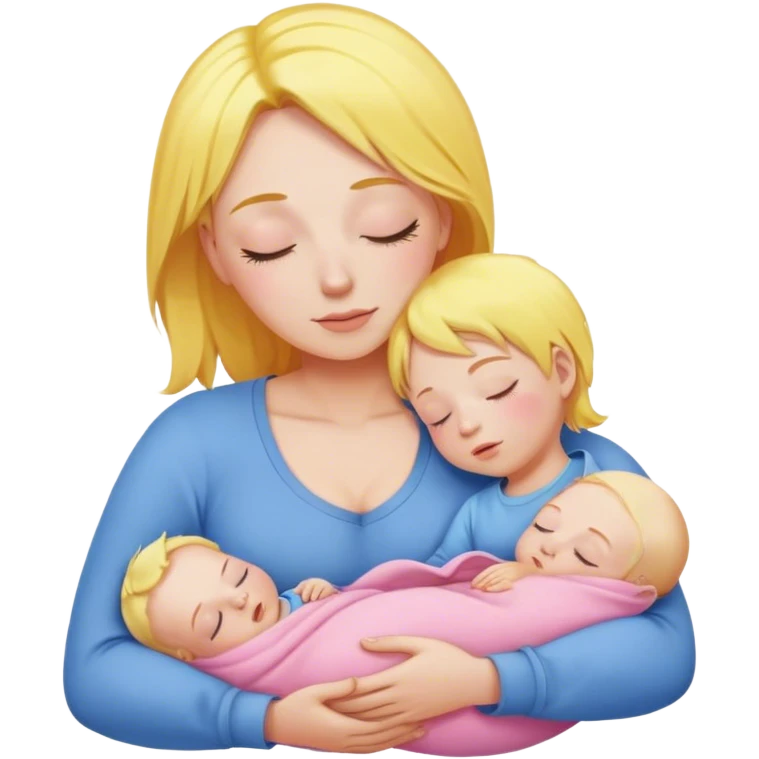Mother is holding a baby, the mother has yellow hair and pink clothes, the baby is sleeping in blue clothes emoji