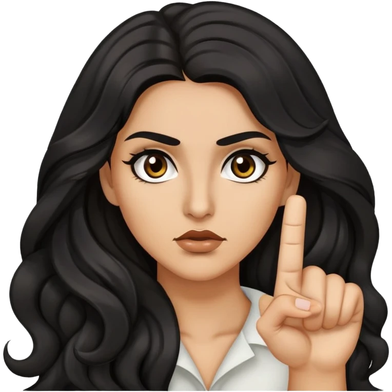 woman with olive skin, brown eyes and long lashes, and long black wavy hair giving the finger  emoji