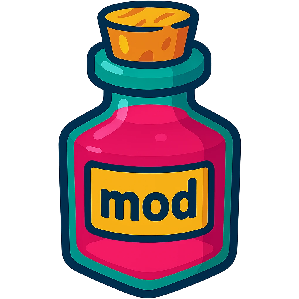 elixir bottle with a label showing the text 'mod', playful, cartoon style emoji