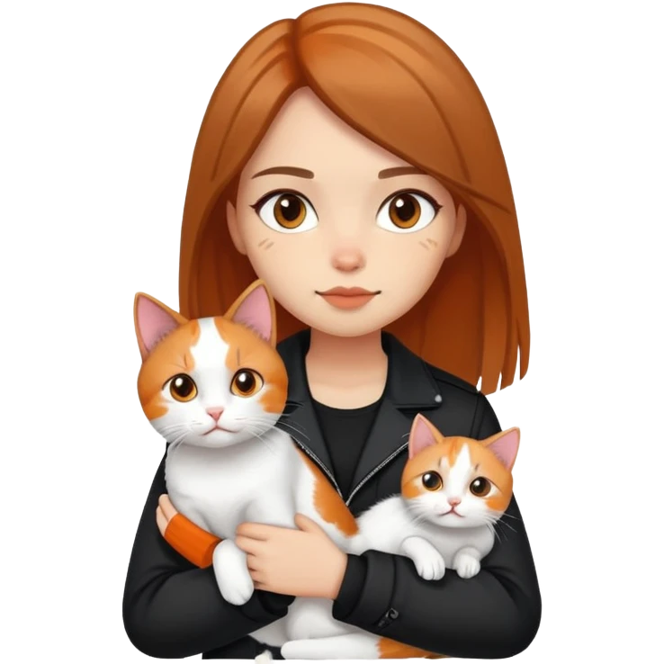 Light-skinned girl with brown straight hair wearing a black jacket, holding one pure white cat and one calico cat with orange black patches emoji