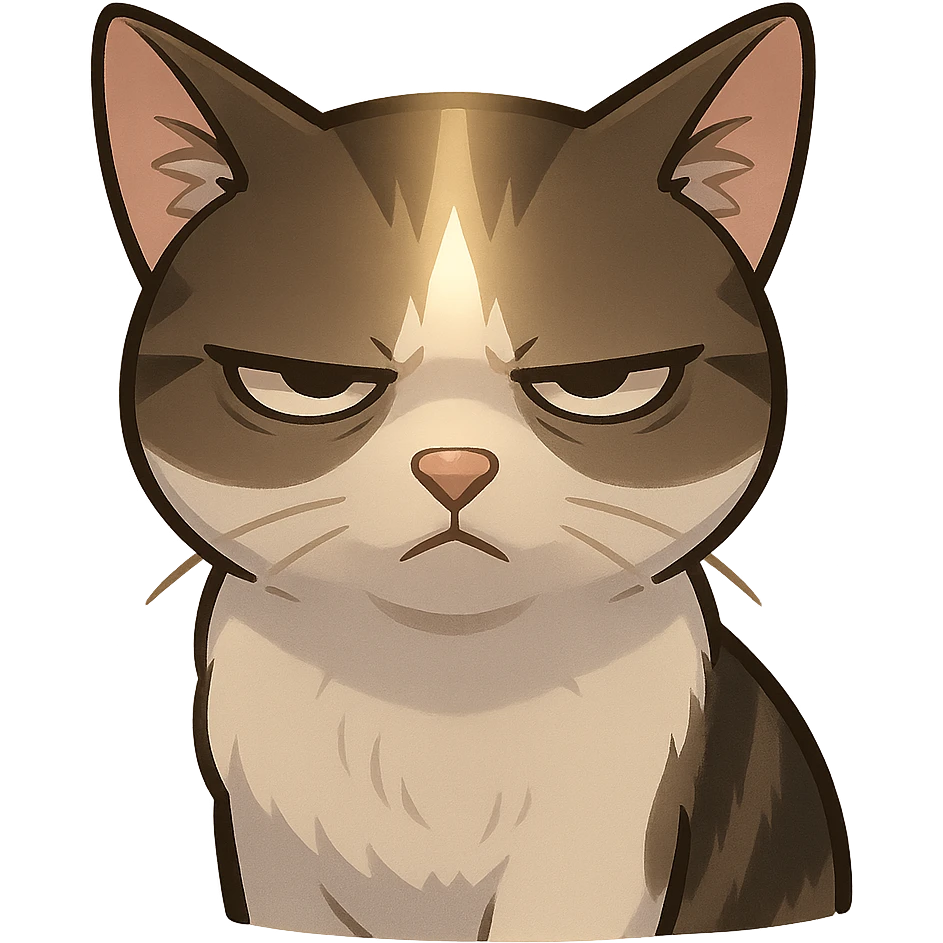 A cat with an impatient expression, frowning and squinting eyes. The light from above is shining vertically, and the face is in the shadow, making the cat's face more serious. emoji