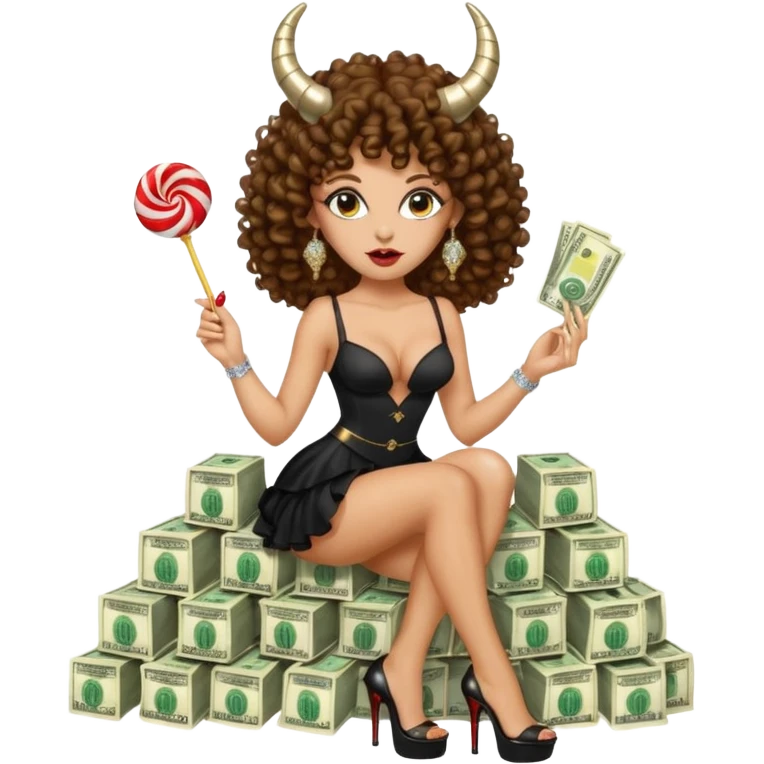 seductress evil brown curly haired sexy drug lord woman with clear glittery platform heels on her feet and horns on her head, holding a stack of cash and a lollipop in her mouth emoji
