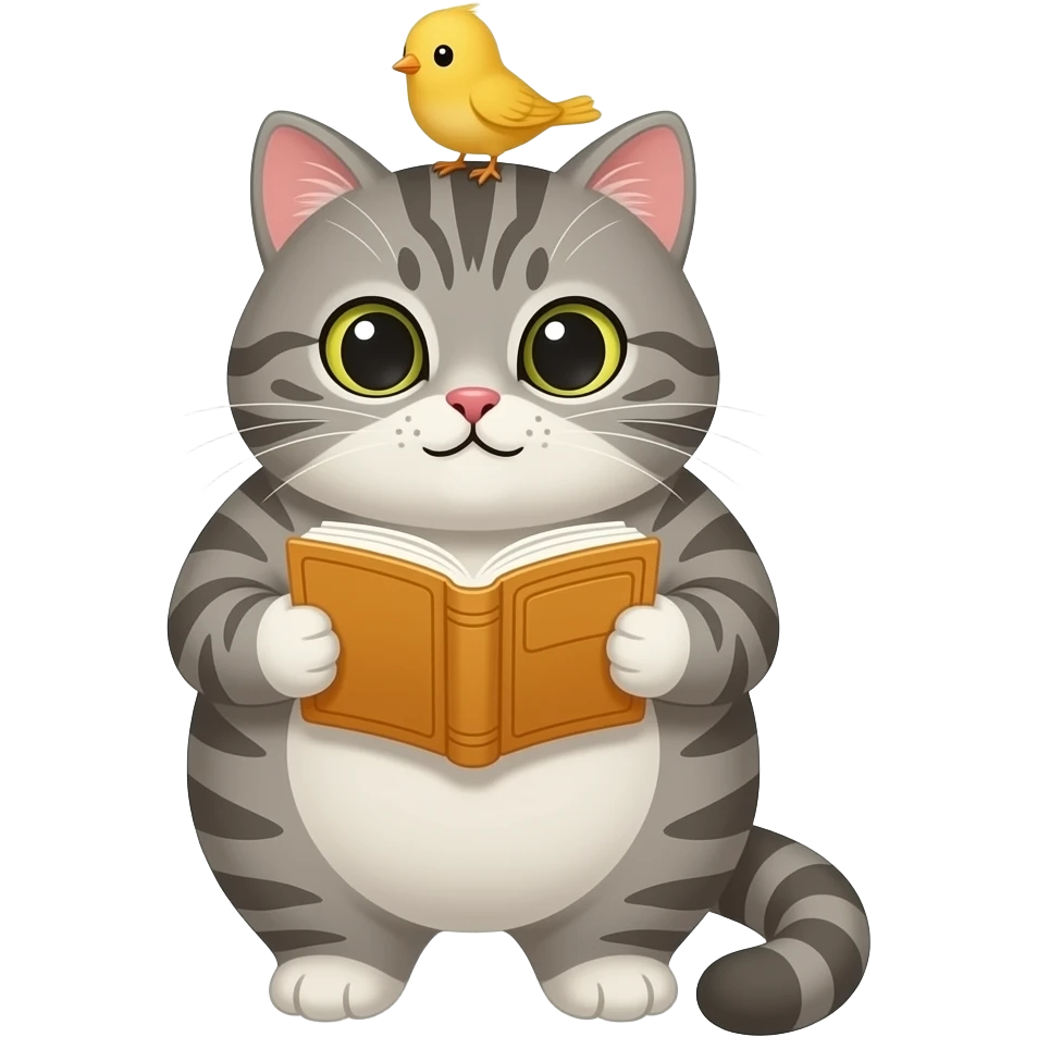 a cute loveable fat gray tabby cat with a small yellow bird on his head, reading a book. the image must be a transparent .png. no light or dark border or outer glow or stroke around the image contour emoji