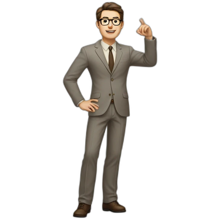 Full height Actively gesturing with hands Pale skinned fit man with dark brown hair in gray jacket, beige office shirt, brown tie, brown pants and vintage glasses. emoji