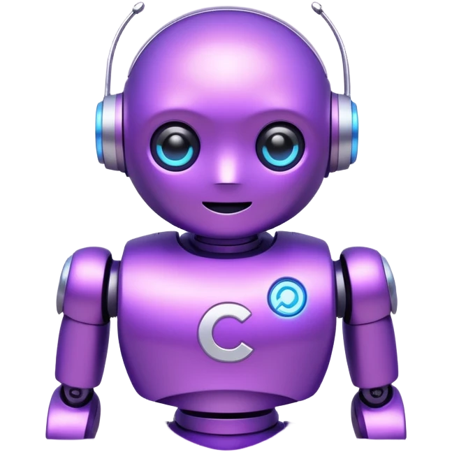 Cute mini robot character, purple body, white C symbol on the chest, soft neon glow, simple face with two bright blue eyes emoji
