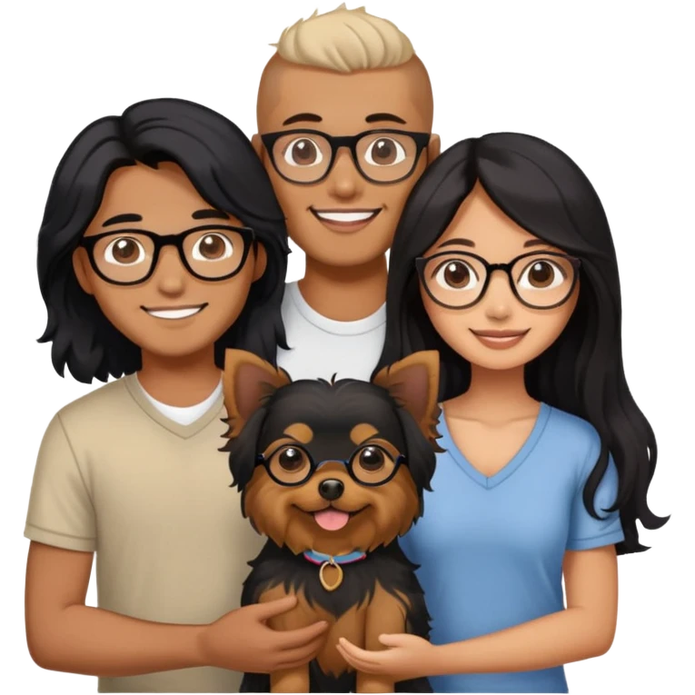 “An Asian girl with long, wavy black hair (loose, no hair tie) next to her smiling boyfriend—a brown-skinned man with a MIDDLE PART HAIr and glasses. Together, they’re holding a small Yorkshire Terrier emoji