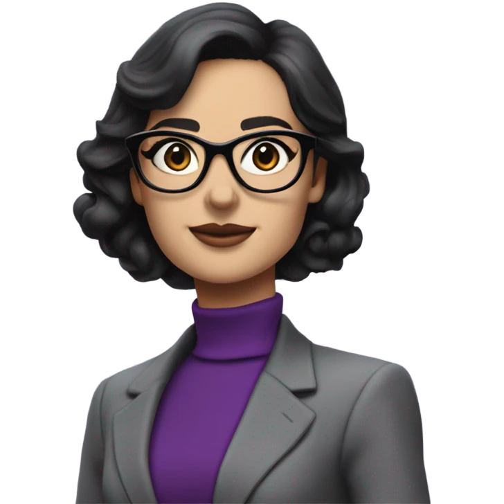 Full torso of Tv show young Diana Prince wearing grey suit with silk purple turtleneck and black eyeglasses  emoji