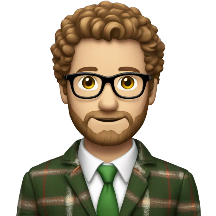 Light white man, brown short curly hair, brown beard, black framed glasses, green eyes, brown plaid blazer, white shirt, red tie emoji