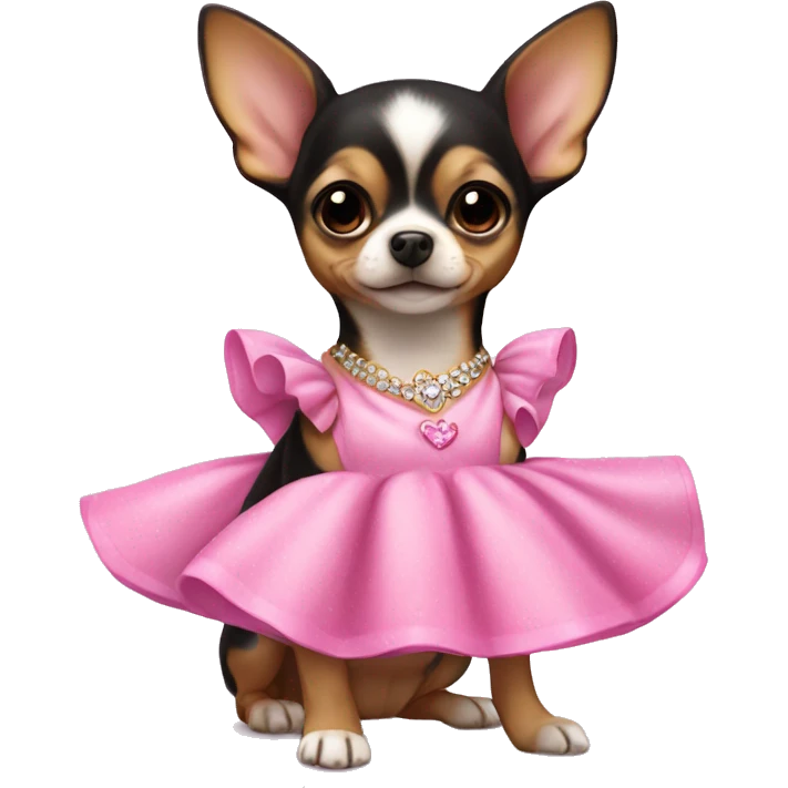 black & tan chihuahua puppy wearing a pink princess dress emoji