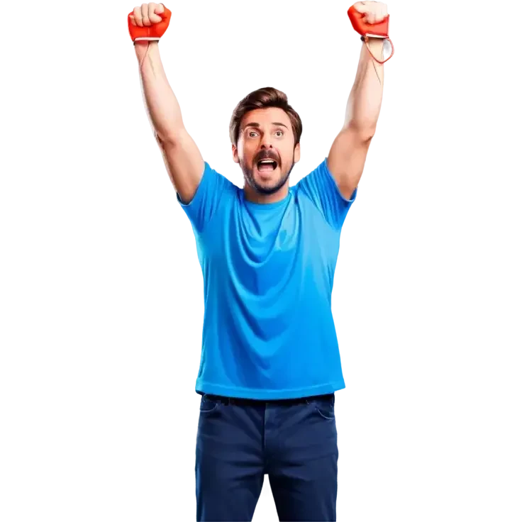 Man holding both arms in the air and holding an electrical cable der Man looks sad emoji