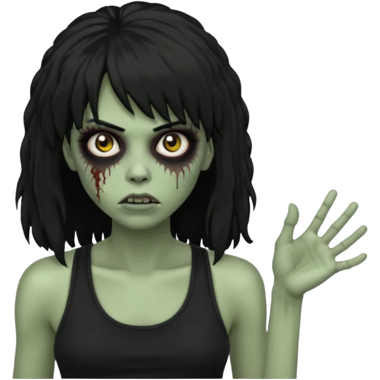 a female zombie with sage green skin, black long afro afro hair with bangs, and a black tank top  emoji