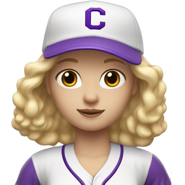 baseball card character. Blonde female long shoulder length hair. letter C logo. white and purple uniform. emoji