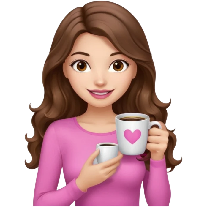 girl with long wavy brown hair, brown eyes, long lashes, pink lips, light to medium complexion, pink sexy top, with a coffee mug emoji