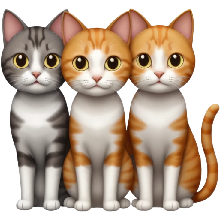 3 different coloured tiny short haired cats, including a dark brown tabby and white cat, and a dark grey and white and a ginger and white emoji