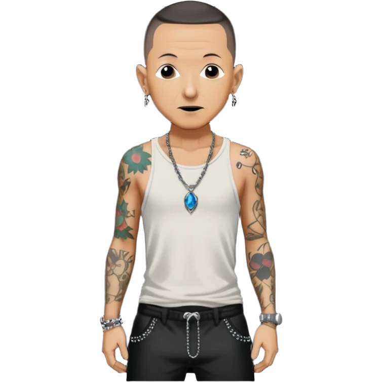 Chester Bennington with black sequin baggy pants, shirtless with necklace emoji