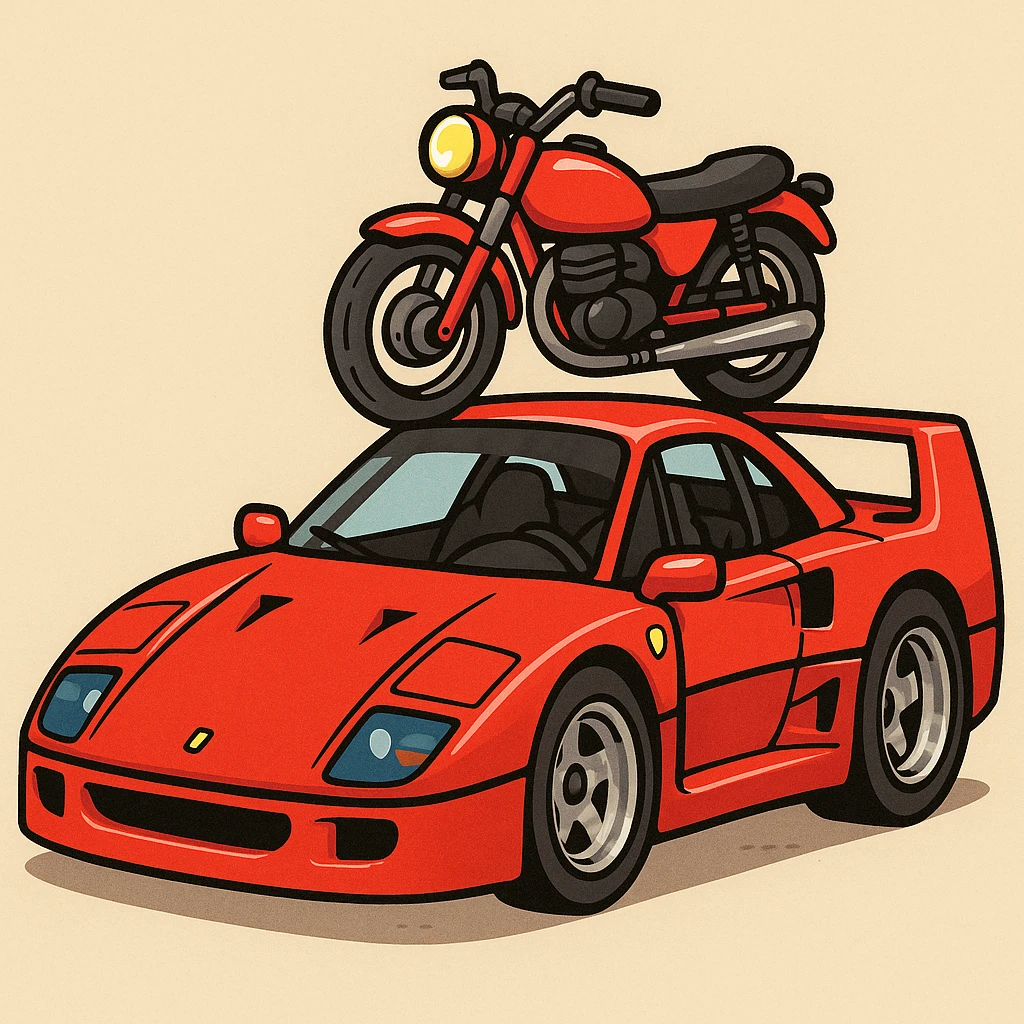 A cartoonish F40 car with a red motorcycle on the roof, playful and bold. emoji