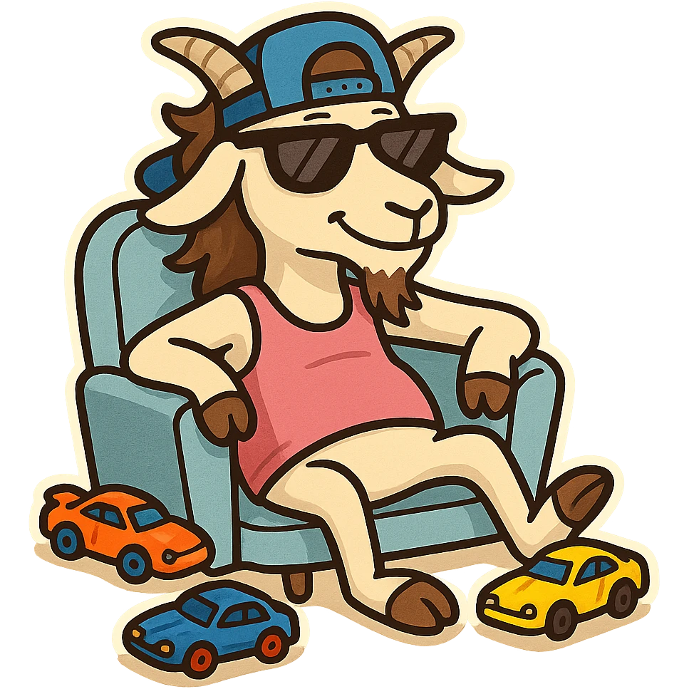 goat for Telegram stickers inspired by reference https://attic.sh/feoducyurkpqwz0la088soao98sx: wearing a cap, glasses, mullet hairstyle, pink drunkard tank top, sitting on a chair, with hot wheels cars emoji