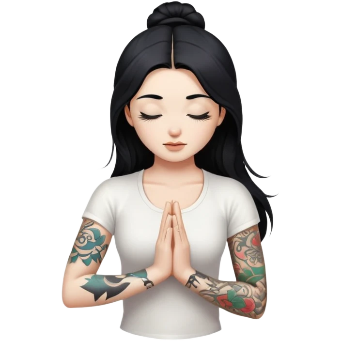 Yoga girl on a mat with white skin, long black hair and eyes closed, with just left arm tattooed and right arm NOT ttatooed, wearing white clothes emoji