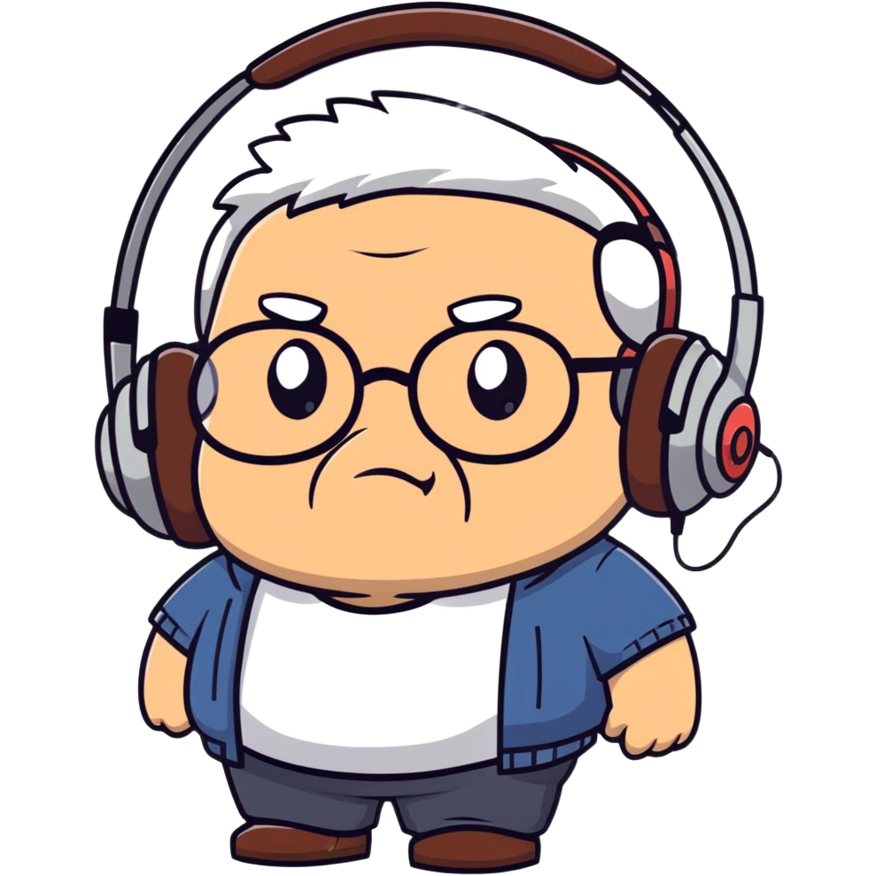 Very chubby brown old man with medium white hair, wearing glasses and headphones, looking surprised and angry, no facial hair, round full cheeks, double chin, looking to the upper left corner emoji