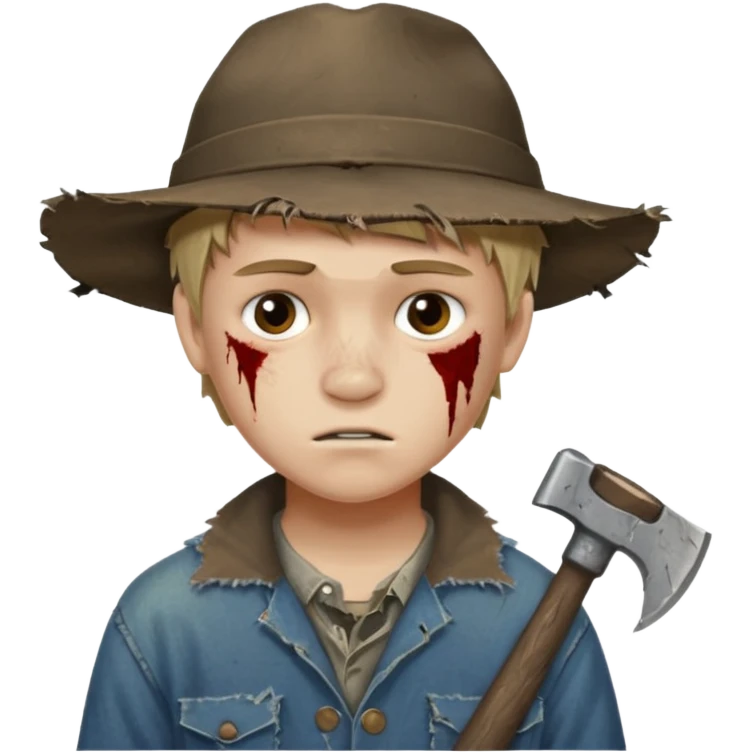 13 y/o Brian robeson at the beginning of Hatchet
distressed, has hatchet, small scratches(no bleeding type) on face, no blood on hatchet emoji