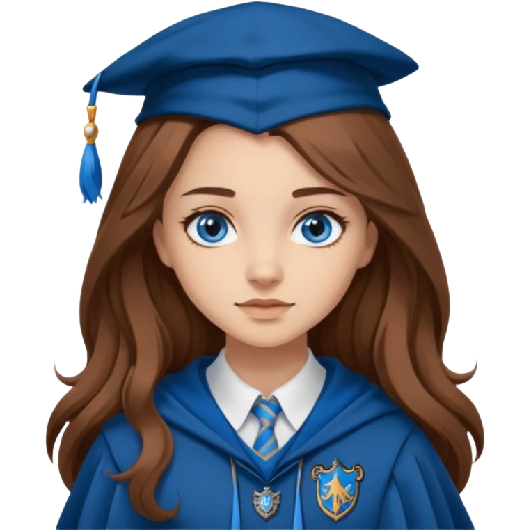 gorgeous Girl with light skin, blue eyes, long brown hair, wears a ravenclaw outfit emoji