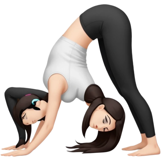 Девушка белокожая в позе собака мордой вниз, с длинными темными волосами, в белом топе, в черных лосинах, с черными ресницами emoji