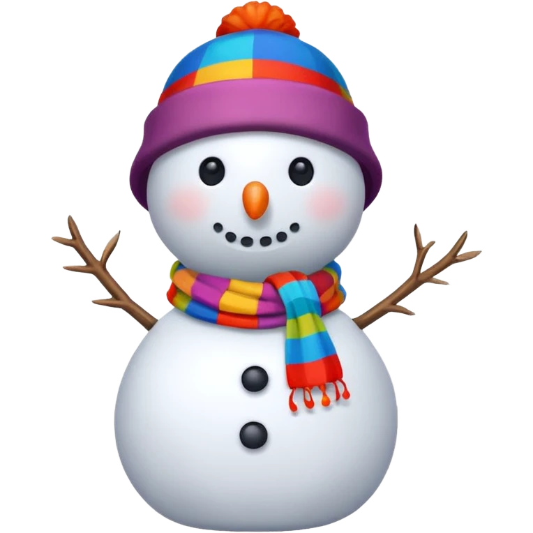 A snowman wearing a colorful scarf and a tiny bucket hat. emoji