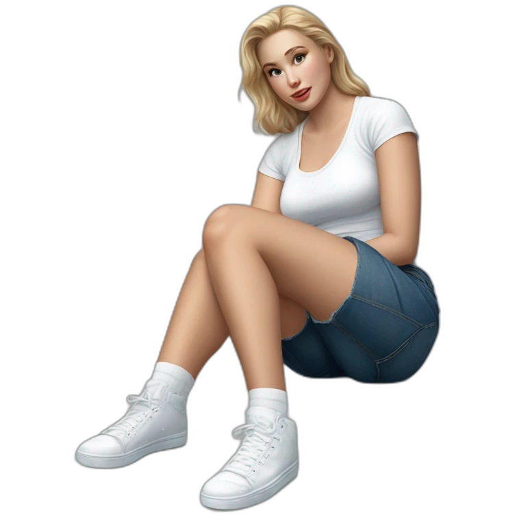 hyperrealistic-full-body-caucasian-curvy-beauty-sitting on the ground-small white-skirt-white knickers white socks emoji